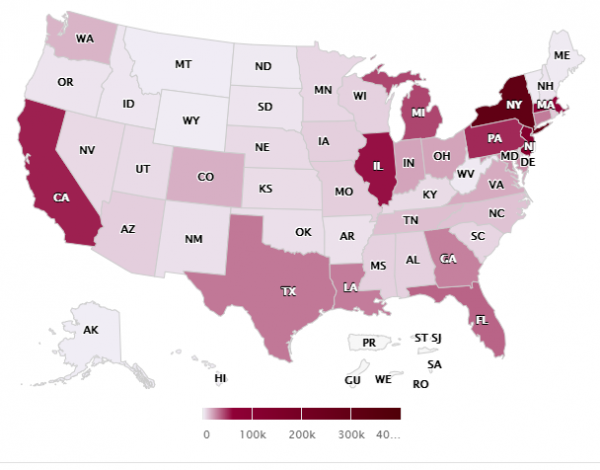 A map from Abdelzaher's website showing the number of cases predicted for each state as of 5/4/20.