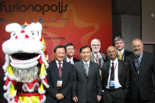Opening festivities on October 17, 2008, with Benjamin W. Wah; Tan Eng Chye, the Provost of the National University of Singapore; Lim Chuan Poh; Jesse Delia, the Executive Director of International Research Relations at Illinois; Ravi Iyer; William H. Sanders; and Asghar Mirarefi, the Director of International Research Partnerships at Illinois.